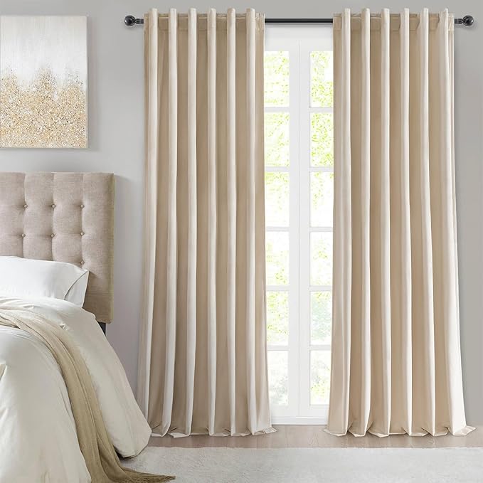 Topfinel 102 Inch Long Curtains for Bedroom Living Room,Blackout Room Darkening Thermal Thick Luxury Velvet Drapes for Sliding Glass Patio Doors,Set 2 Panels,102 in Length,Beige