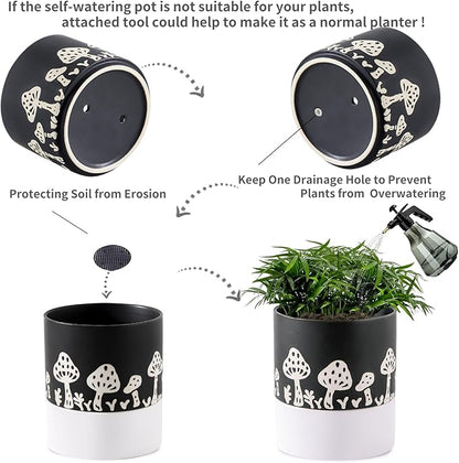 Nihow Self Watering Plant Pot: 6 Inch Ceramic Planter with Drainage Hole & Water Storage Plus for Indoor & Outdoor Plants - Cylinder Round Flower Pot for Succulent/Herbs/Violets -Black & White