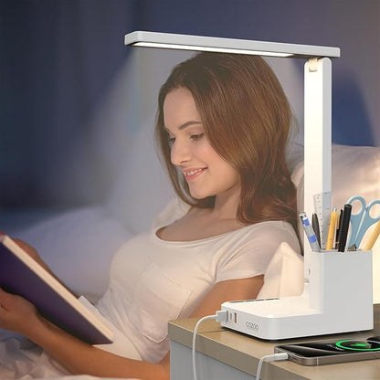 COZOO Dimmable Desk Table Lamp with Pen Holder/Organizer,Study LED Desk Lamp with USB Charging Port/Type C Port/Outlets/Storage Box/Touch,Kids Desk Reading Light for Students,Desk Lamp for Home Office