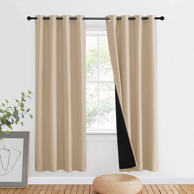 NICETOWN Living Room Completely Shaded Drapery, Privacy Protection & Noise Reducing Ring Top Drape, Black Lined Insulated Window Treatment Curtain Panel (Biscotti Beige, 1 Piece, W46 x L72)