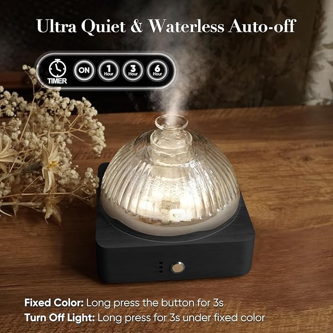 Glass Dome Essential Oil Diffuser with Glass Reservoir & Wood Base-Plastic Free, 200ml Ultrasonic Glass Diffuser for Aromatherapy with Timer 7 Color Light Auto-Off for Gift Home Office Yoga Dark Brown