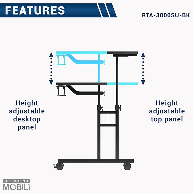 Techni Mobili Rolling Writing Desk with Height Adjustable Desktop and Moveable Shelf