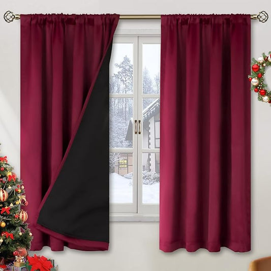 BGment Christmas Red 100% Blackout Curtains for Bedroom, Thermal Insulated Full Room Darkening Noise Reducing Thick Rod Pocket Curtains, 52 x 63 Inch, 2 Panels