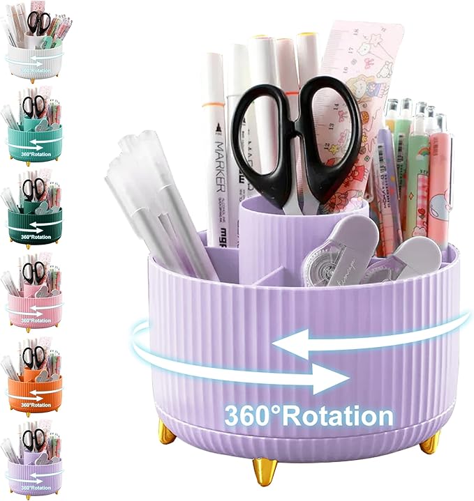 Pencil Holder For Desk,5 Slots 360°Degree Rotating Desk Organizers And Accessories,Desktop Storage Stationery Supplies Organizer, Cute Pencil Cup Pot For Office, School, Home (I-Purple)