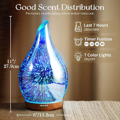 Porseme Essential Oil Diffuser 280ml Aromatherapy Ultrasonic Oil Diffusers 3D Glass Cool Mist Humidifier, Air Refresh Auto Shut-Off, Timer Setting, BPA Free for Home Hotel Yoga Leisure SPA Gift