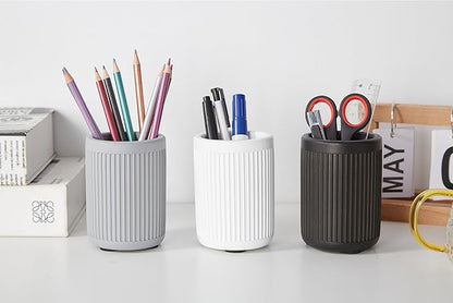 Modern Concrete Pen Holder for Desk - Aesthetic Handmade Fluted Cement Pencil Holder - Cute Striped Pen Cup Organizer - Minimalist Office Decor - Makeup Brush Holder - 1 PC- White