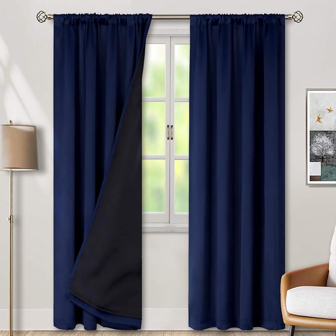 BGment Blackout Curtains for Bedroom 90 Inch Length, Rod Pocket 100% Blackout Curtains with Thermal Liner Room Darkening Curtains for Living Room, Each Window Curtain 2 Panels, 52 x 90 Inch, Navy Blue