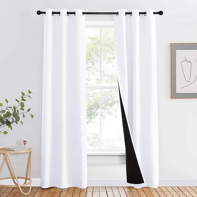 NICETOWN 100% Blackout Window Curtain Panel, Cold and Full Light Blocking Drape with Black Liner for Nursery, 84 inches Drop Thermal Insulated Draperies (White, 1 Piece, 37 inches Wide Each Panel)