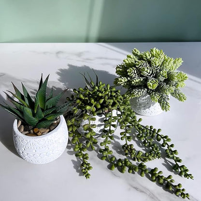 Winlyn 3 Pcs Assorted Small Potted Succulent Plants Artificial Aloe Hanging Succulent in White Geometric Concrete Ceramic Pots for Gift Party Wedding Favors Windowsill Table Shelf Indoor Outdoor Decor