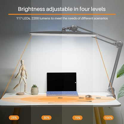 Task Lamp with Clamp, Bright 117PCS LEDs, Metal Swing Arm 24W 2200 Lumen Dimmable Led Desk Lamp for Architect Home Office Study Reading Dorm Workbench Craft, 23 Inch Lamp Head Work Lamp