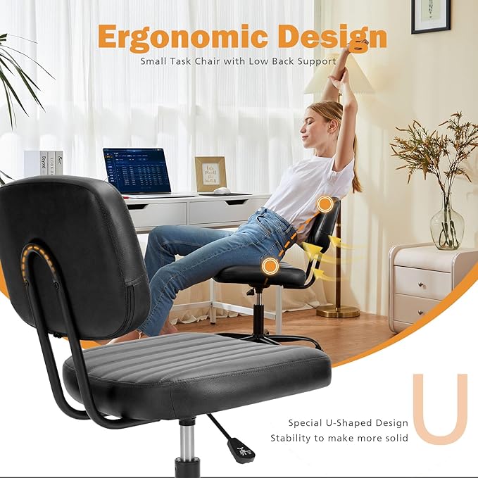 Sweetcrispy Small Office Desk Chair with Wheels Armless Comfy Computer Chair with Lumbar Support, PU Leather Low Back Adjustable Height 360° Rolling Swivel Task Chair Without Arm for Home, Bedroom