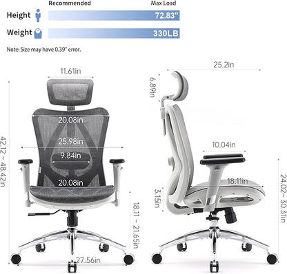 SIHOO M57 Ergonomic Office Chair with 3 Way Armrests Lumbar Support and Adjustable Headrest High Back Tilt Function Light Grey