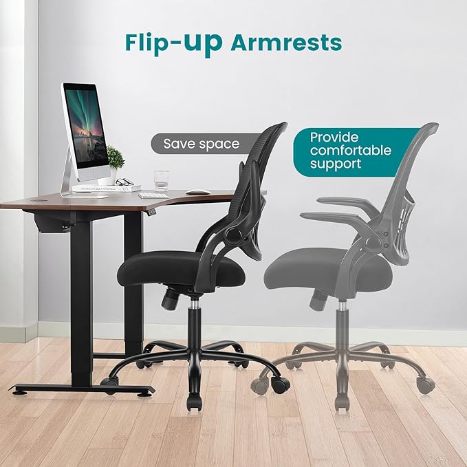 SMUG Office Computer Desk Chair, Ergonomic Mid-Back Mesh Rolling Work Swivel Task Chairs with Wheels, Comfortable Lumbar Support, Comfy Flip-up Arms for Home, Bedroom, Gaming, Study, Student, Black