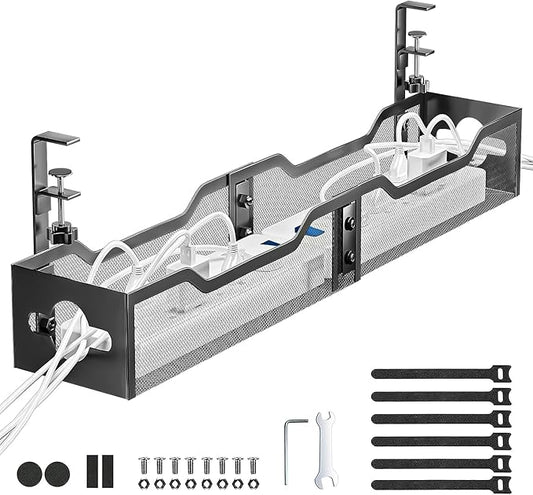 Under Desk Cable Management Tray, Litwaro Cable Management Under Desk No Drill, 25'' Metal Cable Tray with Clamp for Desk Wire Management, Desk Cord Organizer - No Damage to Desk