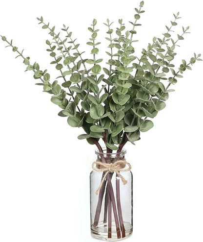 VIERENA 17.5" Artificial Eucalyptus Stems in Glass Vase with Faux Water,Fake Plant Eucalyptus Leaves White Seeds for Centerpiece Table Decorations Farmhouse Wedding Home Greenery Decor (Sage Green)