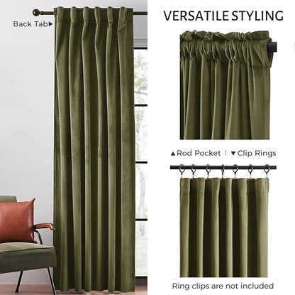 Extra Long 102 Inch Curtains for Large Window,Organic Modern Elegant Decor,Back Tab Drapes Pretty Velvet Tall Curtains for Living Room Dining Office 2 Panel Set,52 Wide 102 Height,Olive Green