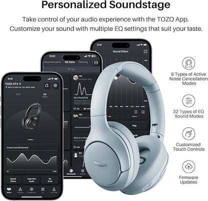 TOZO HT2 Hybrid Active Noise Cancelling Headphones, Wireless Over Ear Bluetooth Headphones, 60H Playtime, Hi-Res Audio Custom EQ via App Deep Bass Comfort Fit Ear Cups, for Home Office Travel Blue