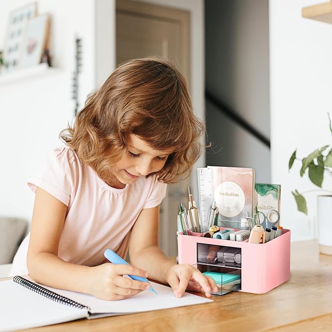 Pencil Pen Holder for Desk,2 Drawer Desk Organizers,5 Compartments Desktop Storage Stationery Supplies Organizer, Cute Pencil Cup Pot For Office, School, Home(Pink)