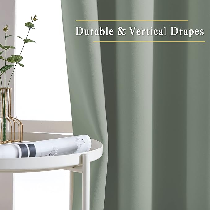 NICETOWN Blackout Sage Green Curtains for Bedroom, Energy Saving Thermal Insulated Sound Dampening Window Curtains Grommet Room Darkening for Living Room, 2 Panels, W52 x L90