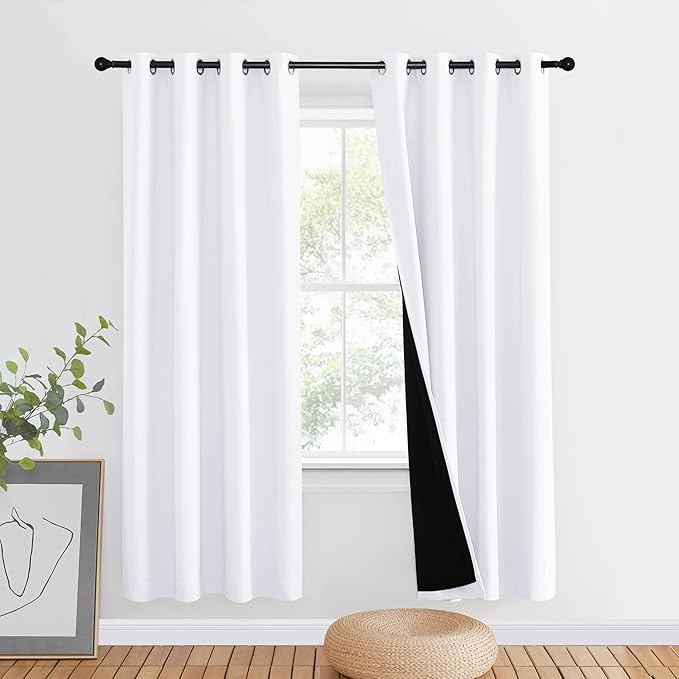 NICETOWN 100% Blackout Cold Blocking Window Curtain Panel, Full Light Blocking Drape with Black Liner for Nursery, 72-inch Drop Thermal Insulated Drapery (White, 1 Piece, 46-inch Wide Per Panel)