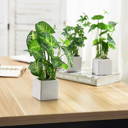 MyGift Artificial Assorted Plants Faux Tabletop Greenery in White Square Ceramic Pots, Set of 3