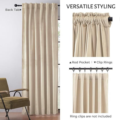 Topfinel Ivory Back Tab Velvet Curtains for Living Room 90 Inches Long 2 Panels Set Rod Pocket Ring Clips Room Darkening Curtains & Drapes 90 Inches Long for Bedroom,90 Inch Length 2 Panels Set,Beige