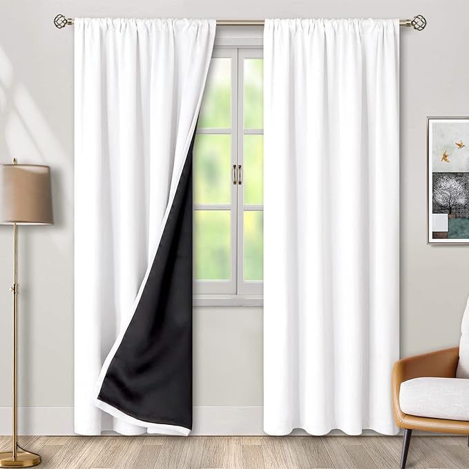 BGment Long White Blackout Curtains for Living Room 90 Inch Length 2 Panels Set, Full Room Darkening Thermal Insulated Rod Pocket Curtains with Black Liner, 46 Inch Wide, Pure White, 2 Panels