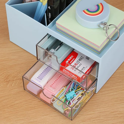 LETURE Office Desk Organizer with drawer, Office Supplies and Desk Accessories, Business Card/Pen/Pencil/Mobile Phone/Stationery Holder Storage Box (Blue)