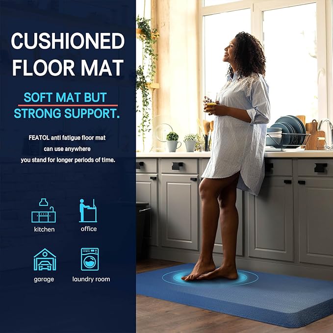 FEATOL Anti Fatigue Mat Floor Mat, Extra Thick Standing Office Desk Mat Memory Foam Cushioned Anti Fatigue Ergonomic Kitchen Mats Comfort Standing Pad NOT PVC 9/10 Inch Thick (Blue, 20x59x9/10-Inch)