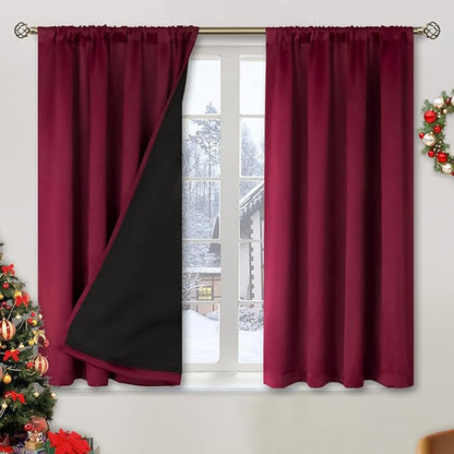 BGment Thermal Insulated 100% Blackout Curtains for Bedroom with Black Liner, Christmas Double Layer Full Room Darkening Noise Reducing Rod Pocket Curtain (52 x 45 Inch, Burgundy Red, 2 Panels)