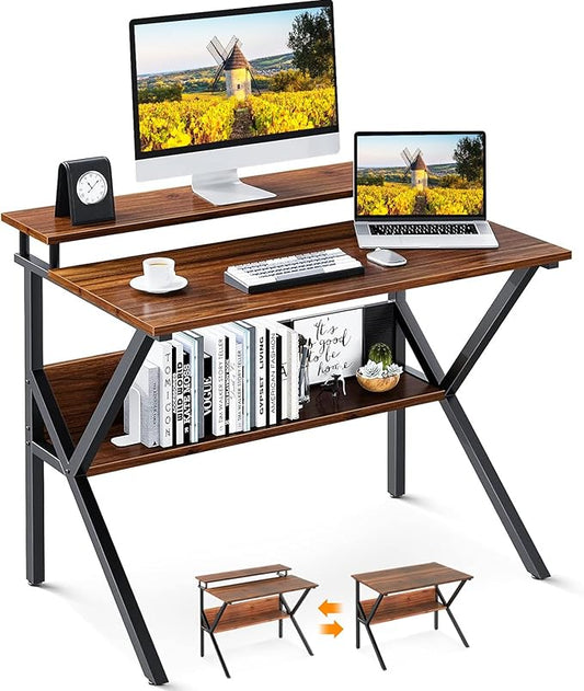 ODK Small Desk, 27.5 Inch Small Computer Desk for Small Spaces, Compact Desk with Storage, Tiny Desk Study Desk with Monitor Stand for Home Office, Espresso