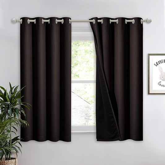 NICETOWN Truly Blackout Curtain 54 inches Length, 2 Thick Layers Completely Blackout Window Treatment Thermal Insulated Lined Drape for Basement Window (Brown, 1 Panel, 52 inches Width Each Panel)