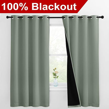 NICETOWN Greyish Green 100% Blackout Lined Curtains, 2 Thick Layers Completely Blackout Window Treatment Thermal Insulated Drapes for Kitchen/Bedroom (1 Pair, 55-inch Width x 68-inch Length per Panel)