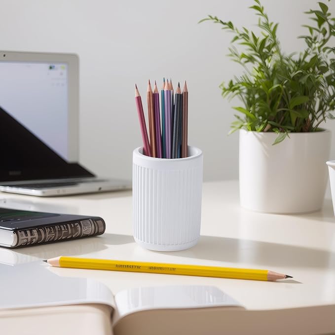 Modern Concrete Pen Holder for Desk - Aesthetic Handmade Fluted Cement Pencil Holder - Cute Striped Pen Cup Organizer - Minimalist Office Decor - Makeup Brush Holder - 1 PC- White