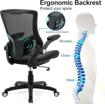 Office Chair Ergonomic Desk Chair, Computer PU Leather Home Office Desk Chair, Mesh Adjustable Lumbar Support Flip-up Armrests Executive Task Chair