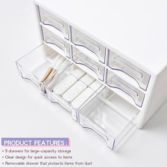 Desk Storage Organizer with 9 Drawers, FODIENS Stackable Desktop Craft Drawer Cabinet, Clear Storage Box Caddy for Makeup Jewelry Office Craft Supplies (9.84×6.3×5.9in)