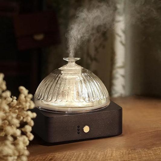 Glass Dome Essential Oil Diffuser with Glass Reservoir & Wood Base-Plastic Free, 200ml Ultrasonic Glass Diffuser for Aromatherapy with Timer 7 Color Light Auto-Off for Gift Home Office Yoga Dark Brown