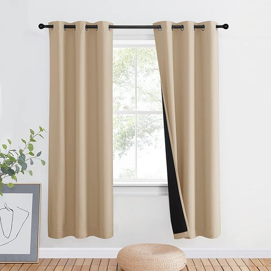 NICETOWN Living Room Completely Shaded Drapery, Privacy Protection & Noise Reducing Ring Top Drape, Black Lined Insulated Window Treatment Curtain Panel (Biscotti Beige, 1 Piece, W42 x L72)