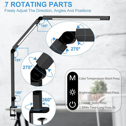 LED Desk Lamp with Clamp, Architect Desk Lamp for Home Office with Remote Control, Swing Arm Clamp on Desk Light, Clip-on Eye-Care Adjustable 5 Brightness Levels Table Light for Working Drafting