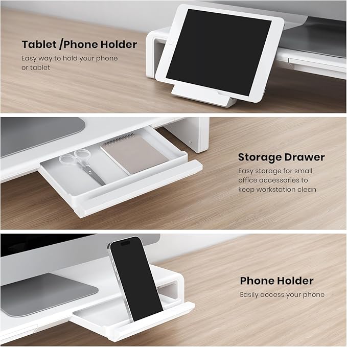 Monitor Stand Riser, Klearlook Foldable, Height Adjustable Computer Stand, Desk Shelf Riser with Storage Drawer &Tablet Phone Stand for Desktop, Laptop (White)