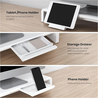 Monitor Stand Riser, Klearlook Foldable, Height Adjustable Computer Stand, Desk Shelf Riser with Storage Drawer &Tablet Phone Stand for Desktop, Laptop (White)