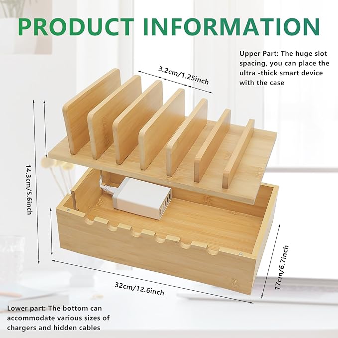 Bamboo Charging Station for Multiple Devices (Includes 5 Port USB Charger, 6 x Charge Cables), Upgrade Desk Docking Stations Organizer for iPhone Devices, Tablets, Laptop Holder Stand