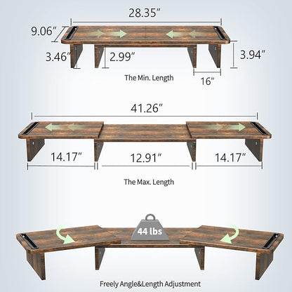 Zimilar Dual Monitor Stand Riser, with Adjustable Length and Angle, Wood for Desk, Riser 2 Monitors Storage Space (Rust Brown Large)