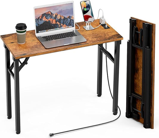 TEMI Small Computer Desk Folding Table - No Assembly, Compact 35.8" Foldable Desk with Power Outlets & USB Charging Port, Portable Small Office Desk, Ideal Mini Study Table for Small Spaces, Brown