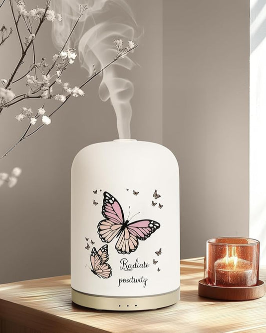 110ML Essential Oil Diffuser, Ceramic Diffusers for Essential Oils Large Room, Fragrance Aroma Diffuser with USB Cable, Warm Night Light and Auto-Off for Home Office Yoga Pilates,Butterflies