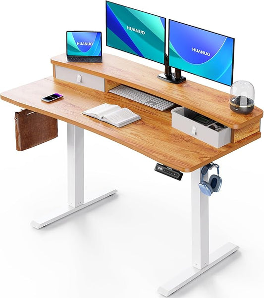 HUANUO 48″ x 24″ Electric Standing Desk with 2 Drawers, C-Clamp Mount Compatible, Height Adjustable Computer Desk, Home Office Stand Up Desk with 4 Preset Heights & 2 Hooks, Light Vintage