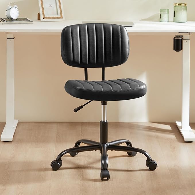 Sweetcrispy Small Office Desk Chair with Wheels Armless Comfy Computer Chair with Lumbar Support, PU Leather Low Back Adjustable Height 360° Rolling Swivel Task Chair Without Arm for Home, Bedroom