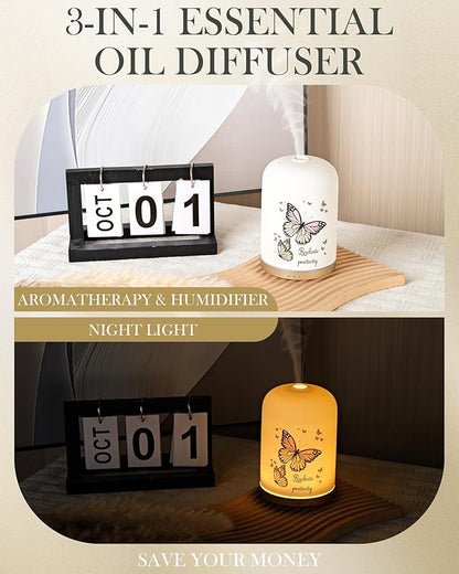 110ML Essential Oil Diffuser, Ceramic Diffusers for Essential Oils Large Room, Fragrance Aroma Diffuser with USB Cable, Warm Night Light and Auto-Off for Home Office Yoga Pilates,Butterflies