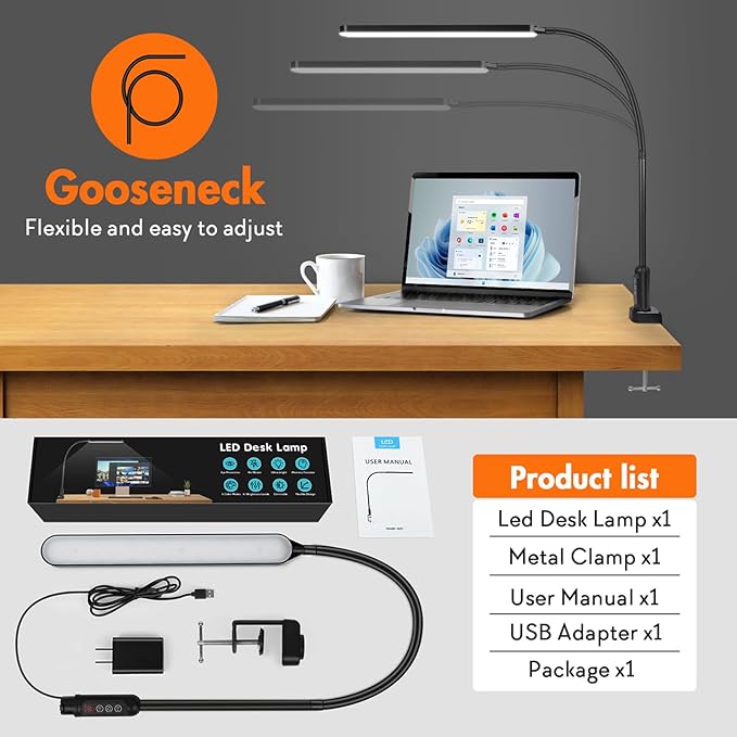 LED Desk Lamp with Clamp, Super Bright Desk Light with 11 Brightness, 5 Color Modes, Flexible Gooseneck Clip on Table Light, Eye-Caring Architect Task Desk Lamps for Home Office Study Reading