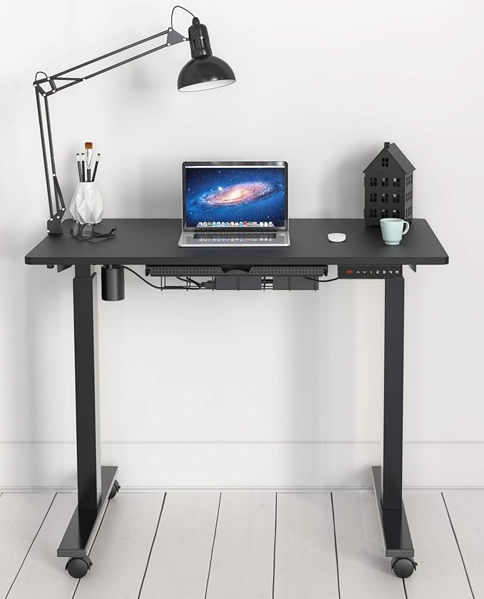 SHW Small Electric Height Adjustable Mobile Sit Stand Desk with Drawer, Hanging Hooks and Cable Management, 40 x 24 Inches, Black